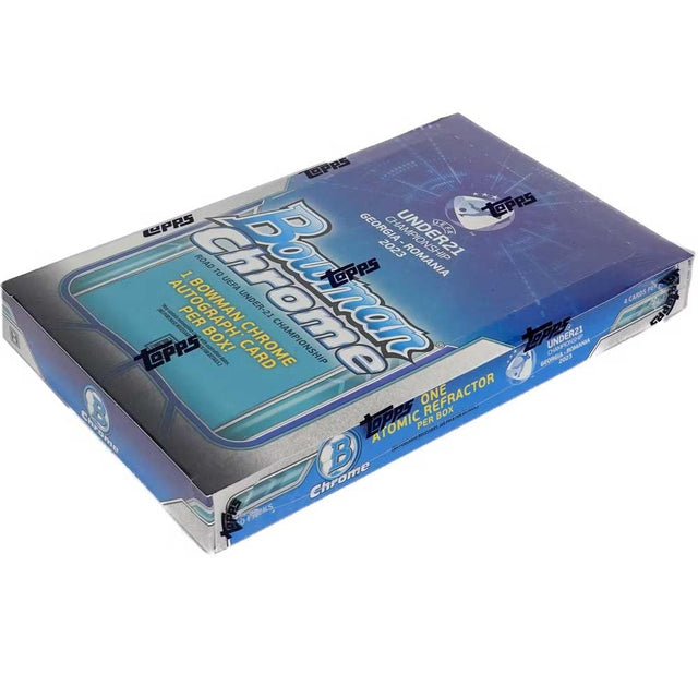 Topps Bowman U21 Chrome hobby box med fotbollskort för samlare.