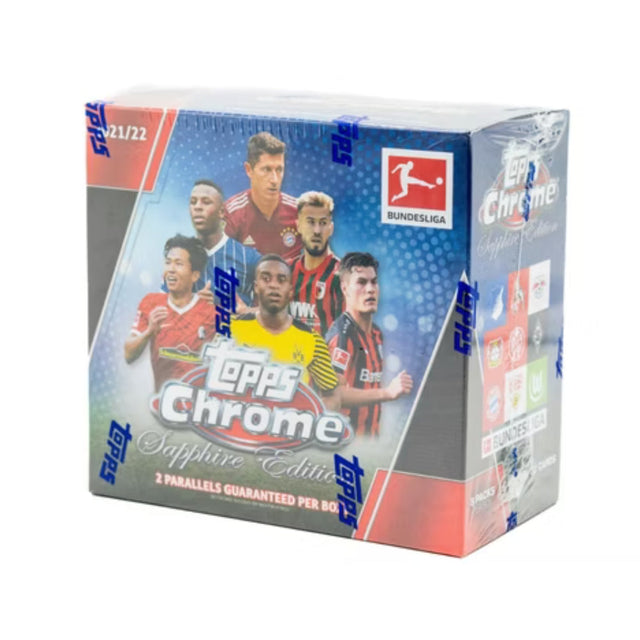 Topps Chrome Sapphire Edition Bundesliga fotbollskort i obruten hobby box för samlare.