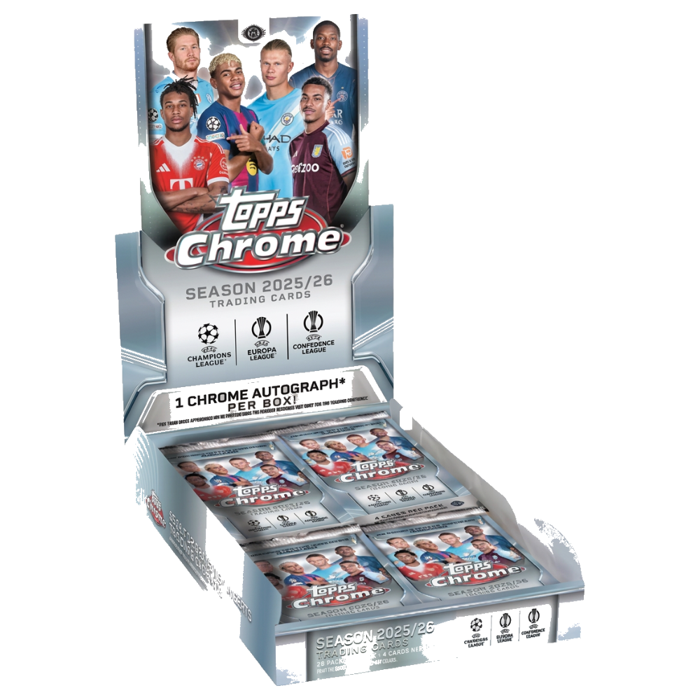 Topps Chrome UEFA fotbollskort 2025/26 hobby box för samlare av europeisk elitfotboll.