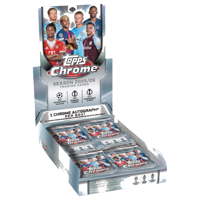 Topps Chrome UEFA fotbollskort 2025/26 hobby box för samlare av europeisk elitfotboll.