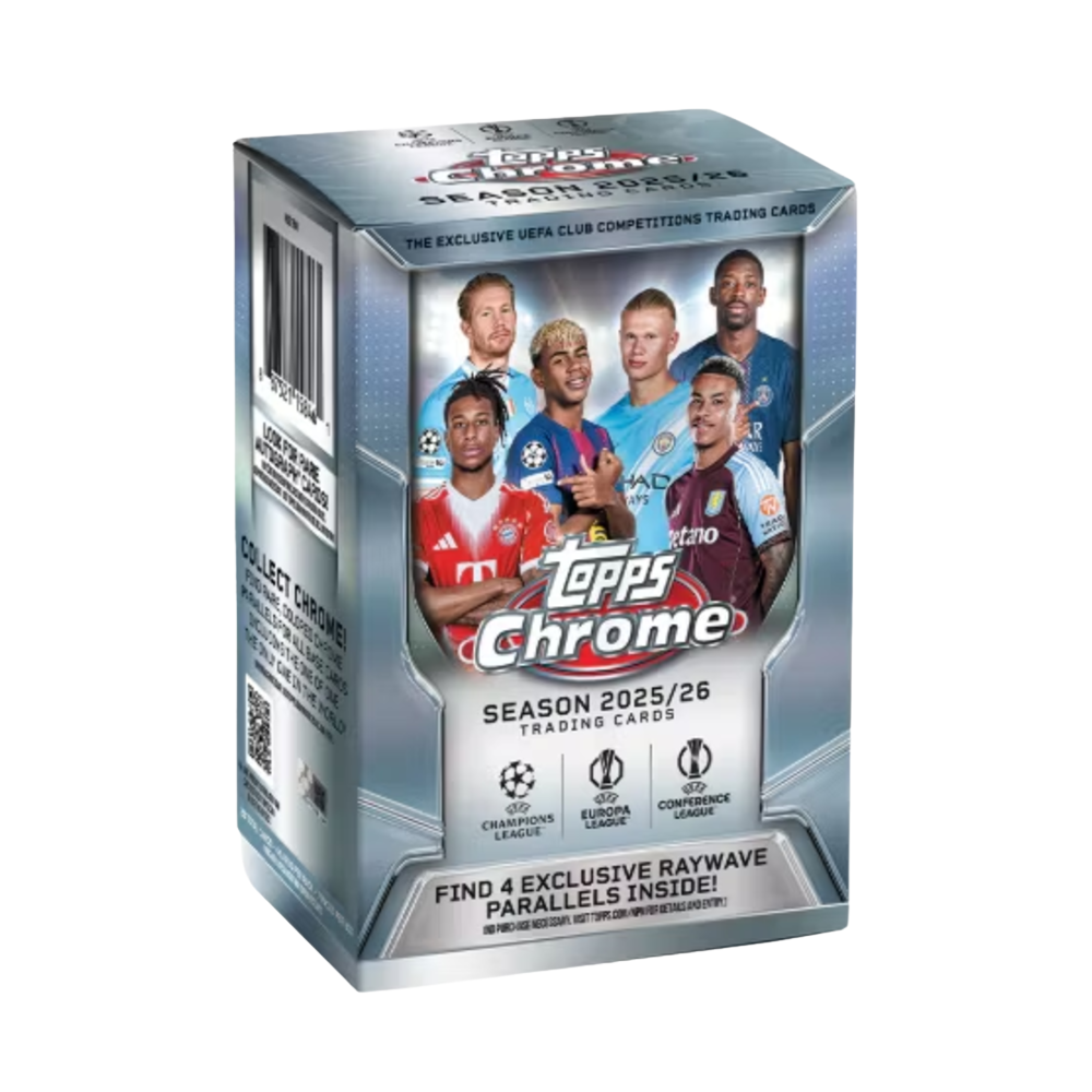 Topps Chrome UEFA Club Competitions 25/26 value box med fotbollskort för Champions League.