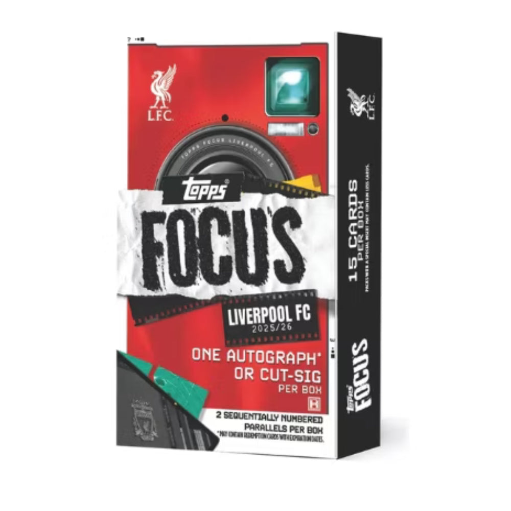2025-26 Topps Liverpool Focus Deck Box, röd samlarbox för fotbollskort.