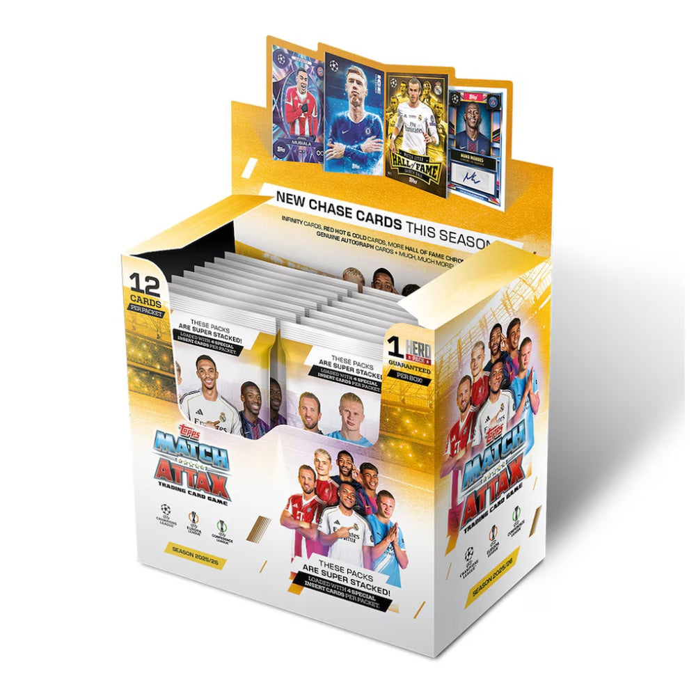 Topps Match Attax 25/26 hel box med fotbollskort för samlare.