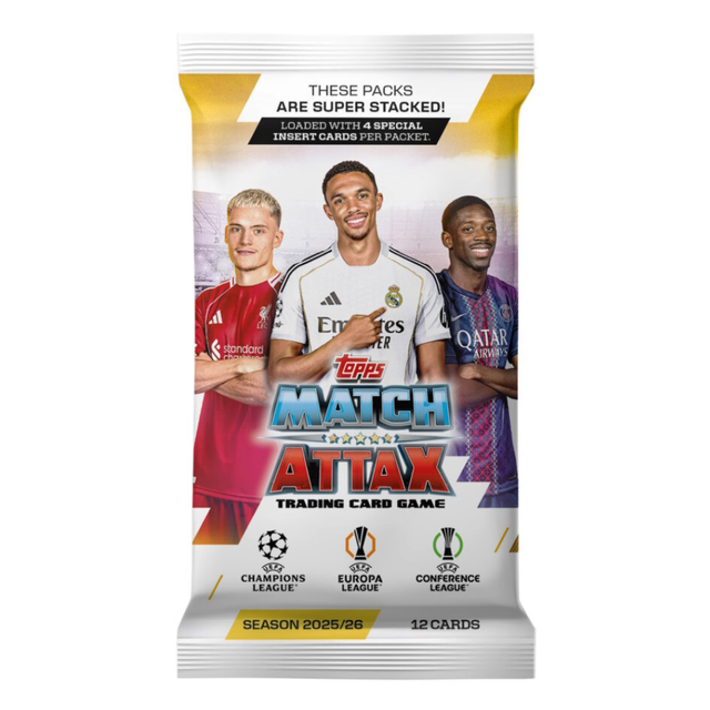 Obrutet pack med Topps Match Attax fotbollskort för säsongen 2025/2026.