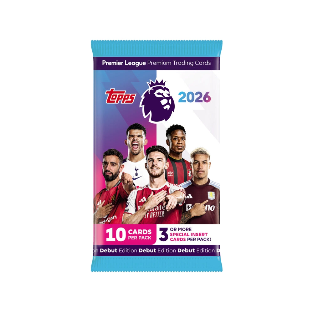 Topps Premier League 2026 boosterpaket med 10 fotbollskort för samlare.