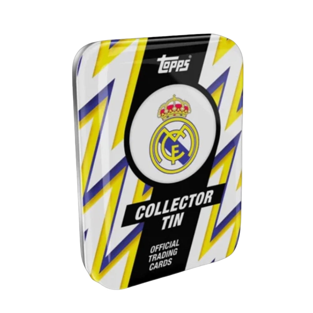 Officiell Topps Real Madrid 25/26 Collector Tin med fotbollskort för samlare.
