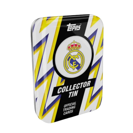 Officiell Topps Real Madrid 25/26 Collector Tin med fotbollskort för samlare.