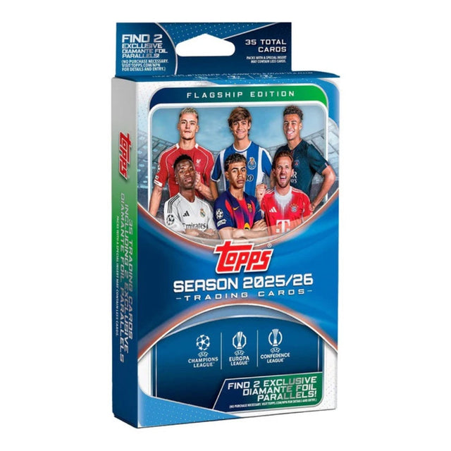 Topps UCC Flagship 25/26 Hanger Box med fotbollskort från UEFA Champions League.