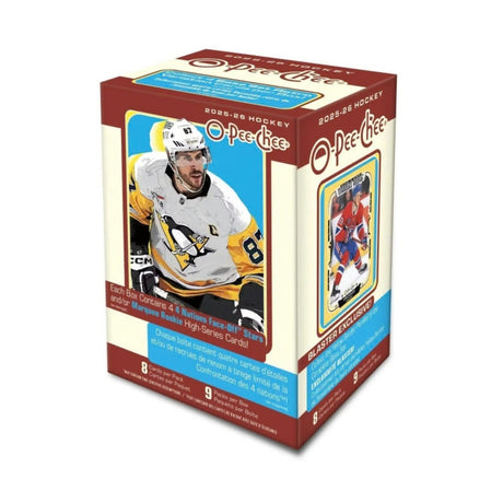 Obruten Upper Deck 2025-26 NHL O-Pee-Chee Blaster Box med hockeykort för samlare.