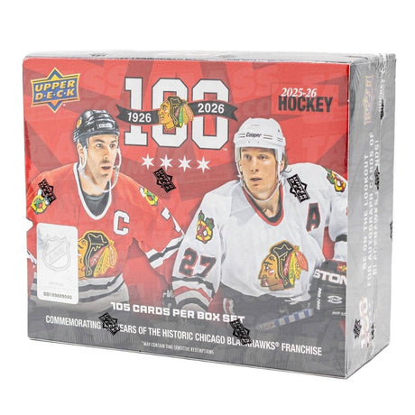 Upper Deck Chicago Blackhawks Centennial box med 105 NHL-kort för samlare.