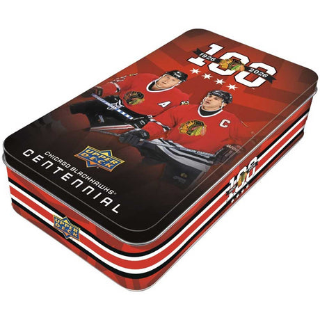 2025-26 Upper Deck Chicago Blackhawks Centennial hobby tin för hockeykortssamlare.