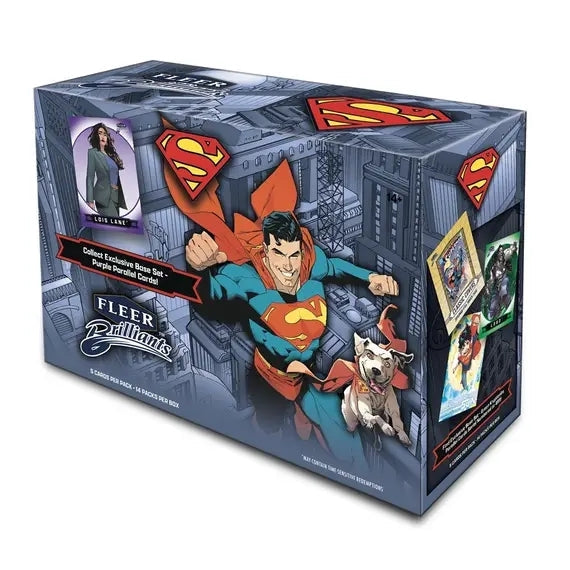 Upper Deck Fleer Brilliants Superman 2025 Mega Box med samlarkort och sällsynta inserts.