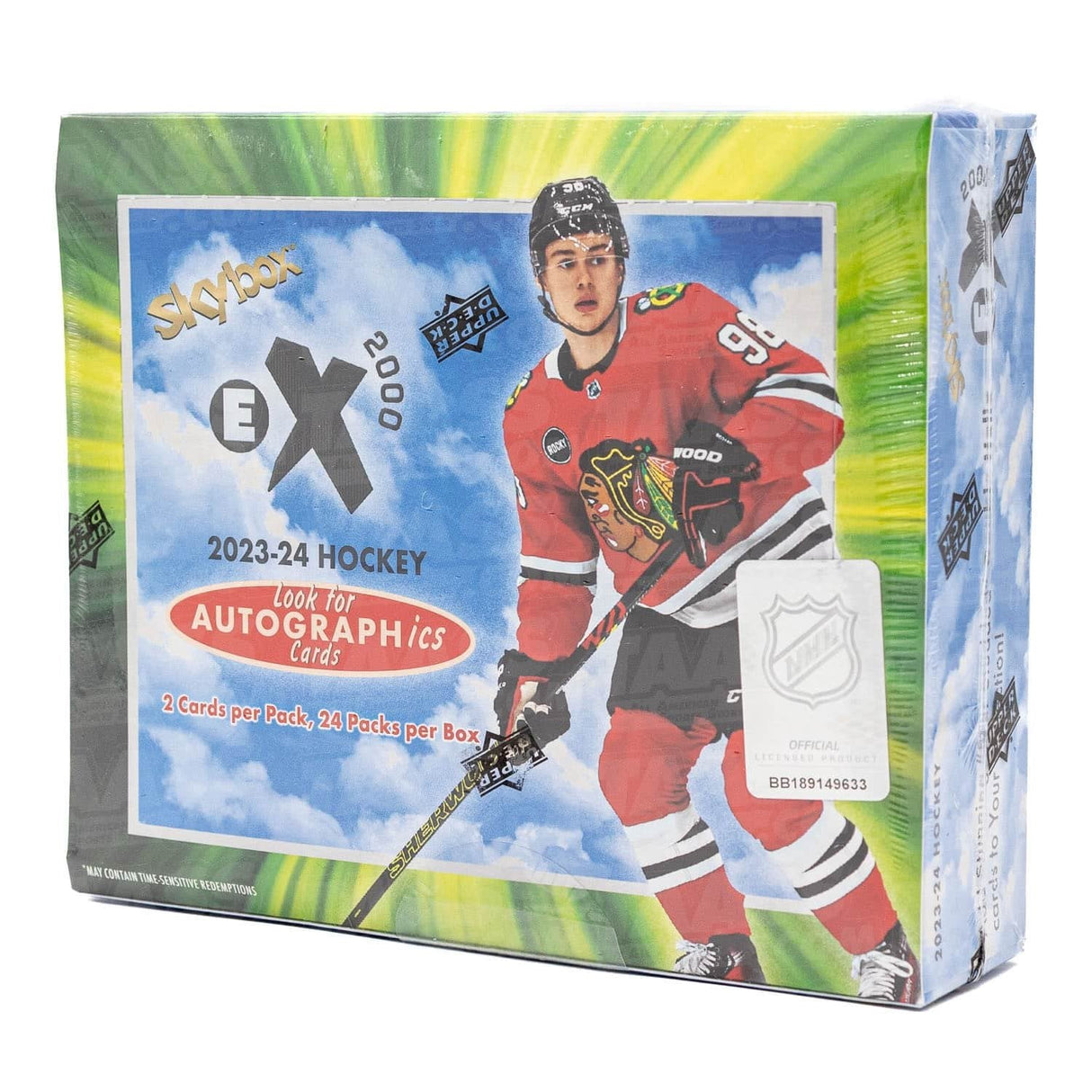 Ooppnad 2023-24 Upper Deck Skybox EX 2000 hobby box med hockeykort.