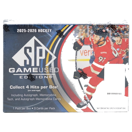 2025-26 Upper Deck SP Game Used Hockey hobbybox med exklusiva hockeykort.